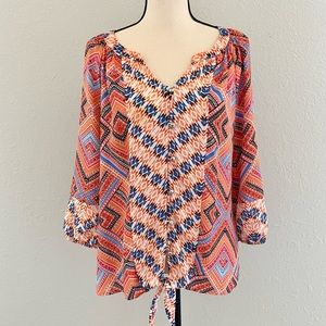 NY Collection Southwest Boho Print Button Tie Front 3/4 Sleeve Size Medi…